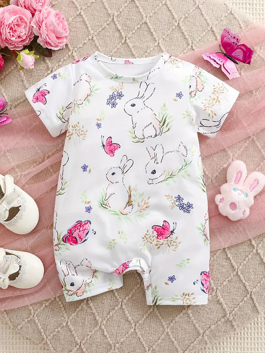 Adorable Bunny & Butterfly Cartoon Print Baby Bodysuit
