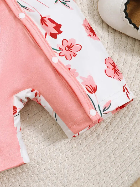 Cute Pink Floral Print Zipper Jumpsuit with Short Sleeves