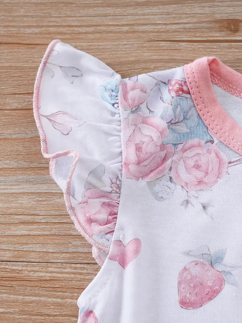 Baby Girl's Summer Romper - Cute Cartoon Rabbit & Floral Print with Flared Sleeves