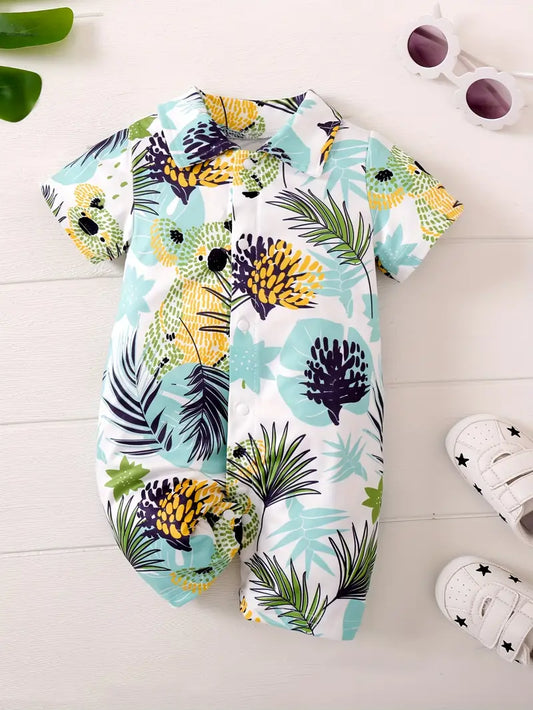Graphic Turndown Collar One-piece Romper