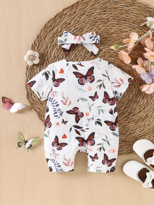 Adorable Butterfly Print Short-Sleeve Romper for Baby