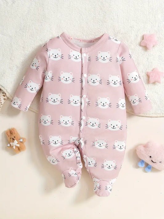 Adorable Pink Cat Print Baby Girl Onesie