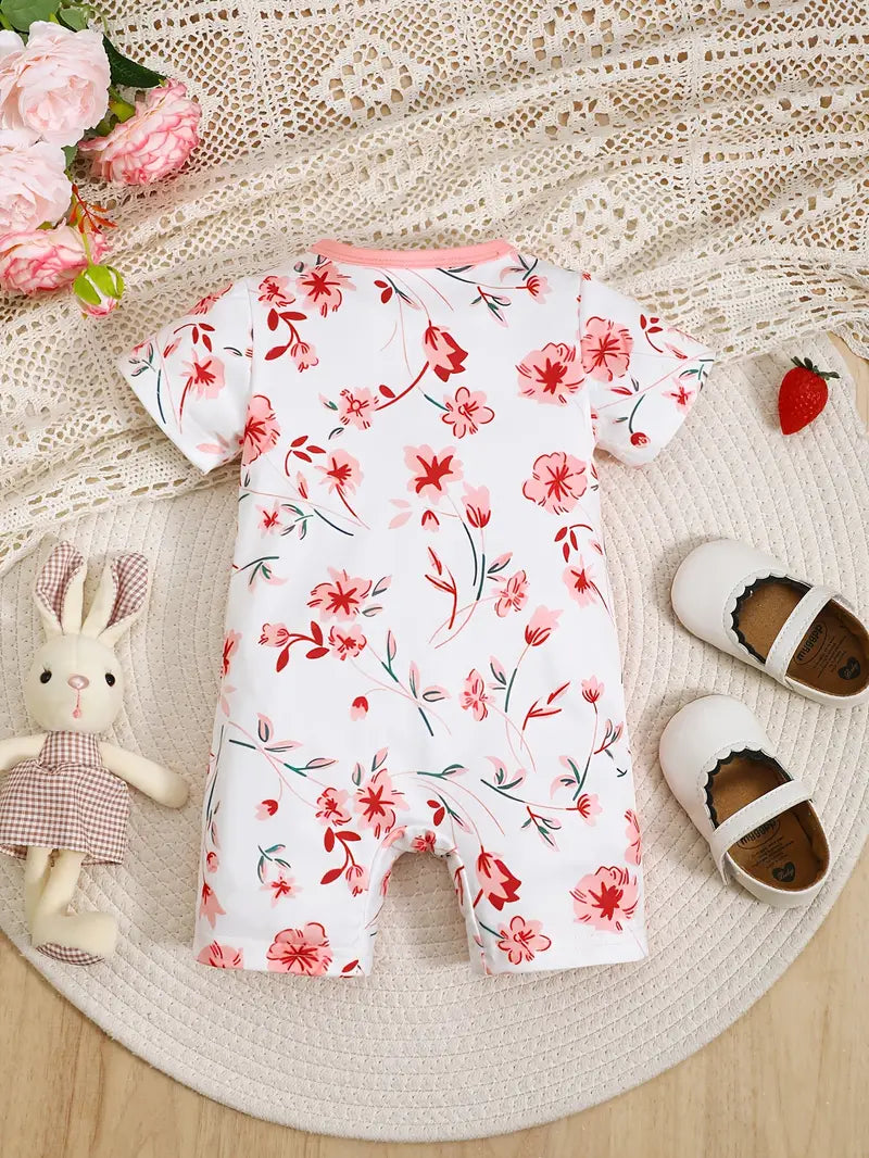 Cute Pink Floral Print Zipper Jumpsuit with Short Sleeves