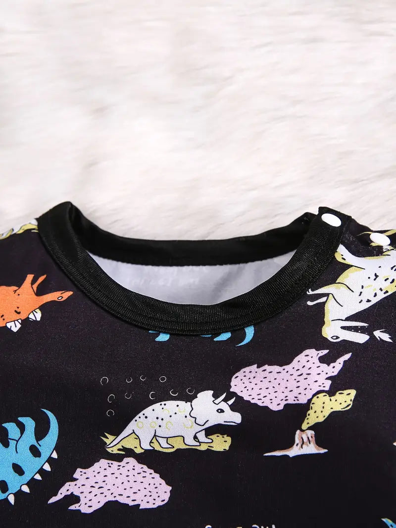 Black Dinosaur Paradise Knit Digital Print Short Sleeve Bodysuit