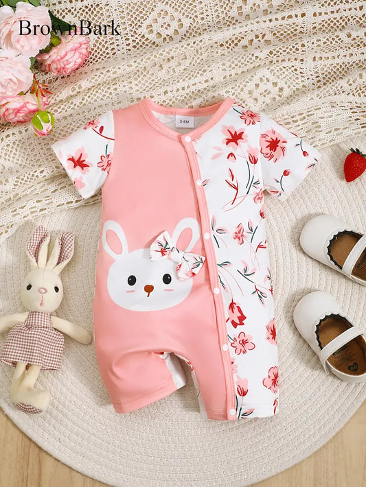 Cute Pink Floral Print Zipper Jumpsuit with Short Sleeves