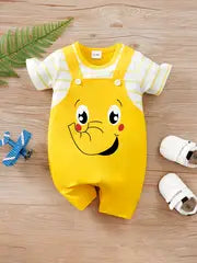 Adorable Elephant Cartoon Faux Two-Piece Short Sleeve Romper