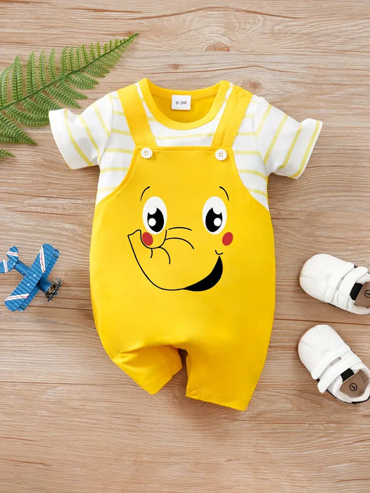 Adorable Elephant Cartoon Faux Two-Piece Short Sleeve Romper
