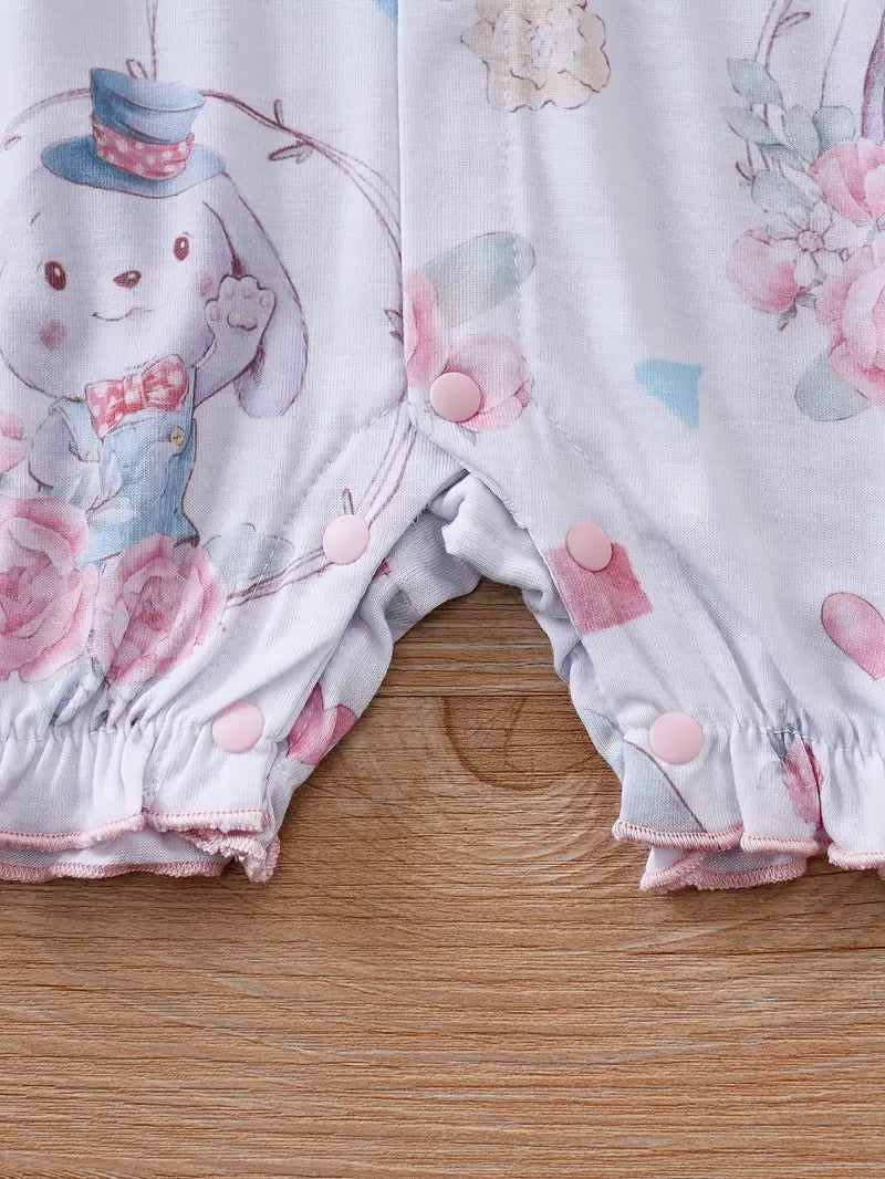 Baby Girl's Summer Romper - Cute Cartoon Rabbit & Floral Print with Flared Sleeves