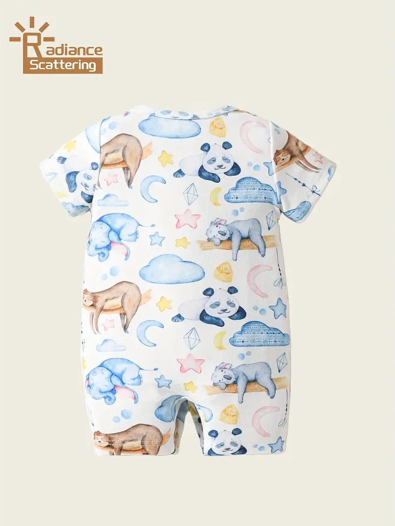 Cute Animal Print with Stars & Clouds, Soft Short-Sleeve Romper