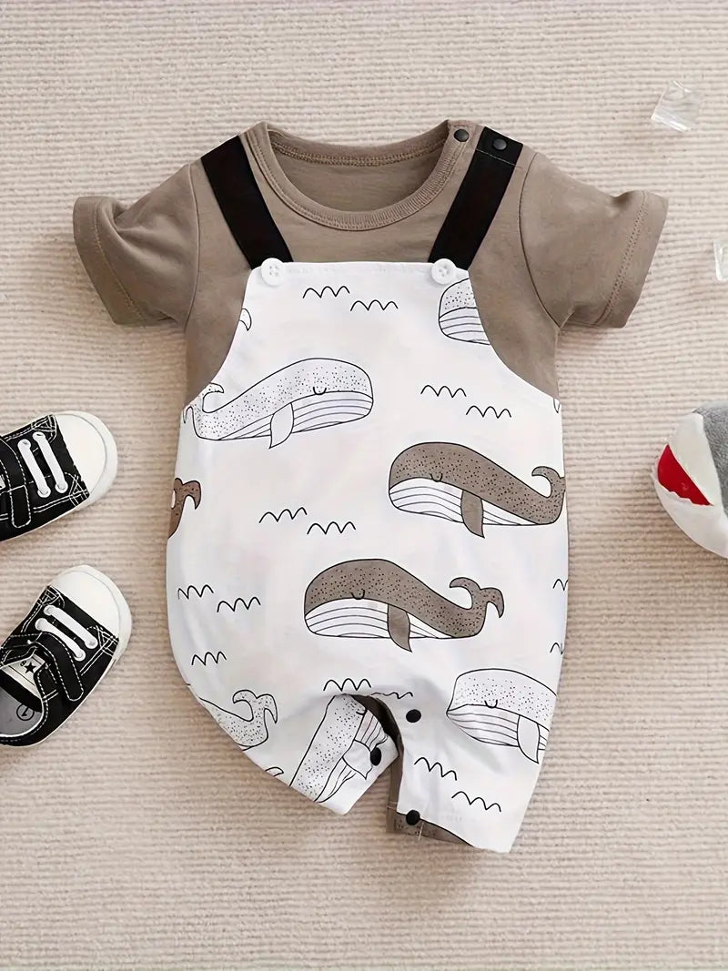 Whale Cartoon Print Overalls for Baby Boys