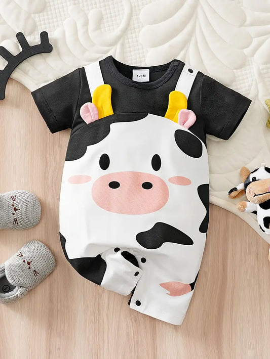 Newborn Short Sleeve Fake 2pcs Snap Crotch Ears Cute Cow Romper